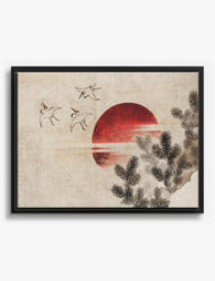 Red Sun & Cranes by Hokusai Canvas Print Black