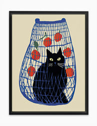 Cat in Blue Net Canvas Print Black Frame