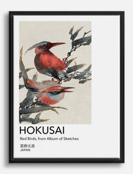 Hokusai Red Birds Canvas Print Black
