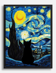 Starry Night Cat by Van Gogh Canvas Print Black