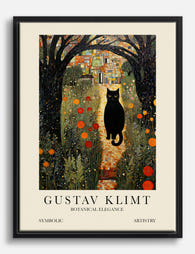 Klimt’s Enchanted Cat Garden Canvas Print Black