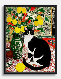 Bold Cat & Yellow Blooms Canvas Print Black