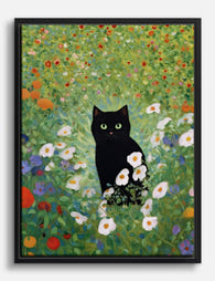 Black Cat in Klimt Garden Canvas Print - Black