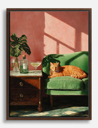Sunlit Cat & Green Sofa Canvas Print - Brown