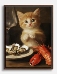 Kitten & Lobster Still Life Canvas Print - Brown