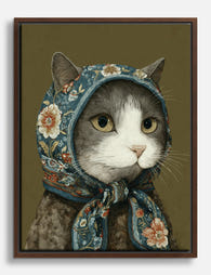 Floral Scarf Cat Portrait Canvas Print Brown