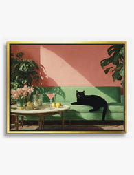 Chic Cat & Citrus Lounge Canvas Print Gold
