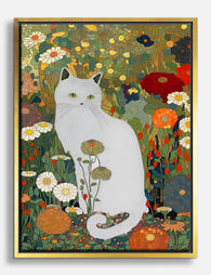 Klimt White Cat in Bloom Canvas Print Gold