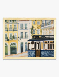 Lisbon Yellow Tram Scene Art Print Oak