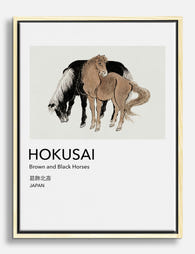 Hokusai Brown & Black Horses Canvas Print Oak