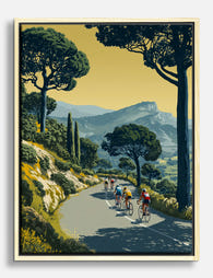 Sunlit Cyclists on Mountain Road Canvas Print Oak
