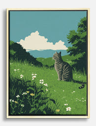 Serene Cat Meadow Scene Canvas Print Oak