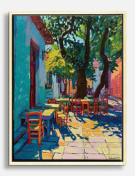Sunlit Courtyard Café Canvas Print - Oak