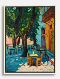 Sunlit Courtyard Café Canvas Print - Oak