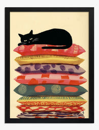 Cat Nap on Colorful Pillows Art Print - Black