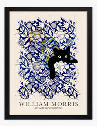 Morris Blue Botanical Cat Art Print Black