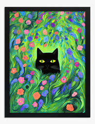 Enchanted Cat Garden Art Print - Black