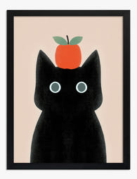 Black Cat & Apple Whimsy Art Print - Black