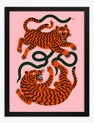 Playful Tigers & Serpent Art Print Black