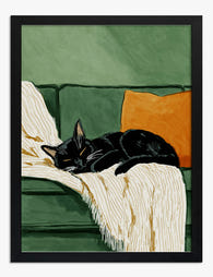 Cozy Cat on Sage Sofa Art Print Black
