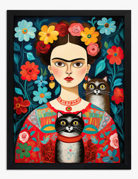 Frida Kahlo & Feline Muse Art Print - Black