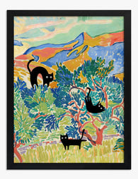 Playful Cats in Collioure Art Print - Black
