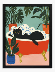Black Cat Bubble Bath Art Print - Black