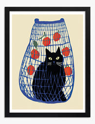 Cat & Oranges Delight Art Print Black Frame