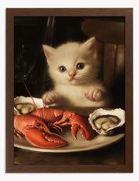 Kitten & Lobster Feast Art Print Brown