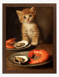 Curious Kitten & Seafood Still Life Art Print - Brown