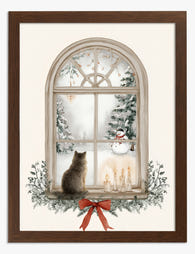 Winter Cat at the Window Art Print Brown