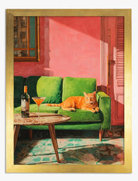 Green Sofa Cat Lounge Art Print - Gold