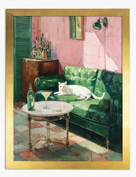 White Cat & Green Sofa Lounge Art Print - Gold
