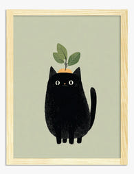 Quirky Cat & Citrus Charm Art Print - Oak