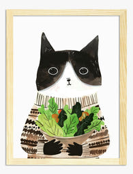 Cozy Cat & Greens Art Print - Oak