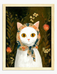 Floral Scarf Cat Portrait Art Print - Oak
