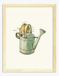 Curious Bunny & Watering Can Art Print - Oak