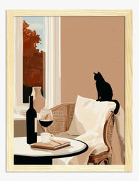Cozy Cat & Wine Moment Art Print Oak