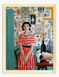 Striped Muse & Cat Art Print - Oak