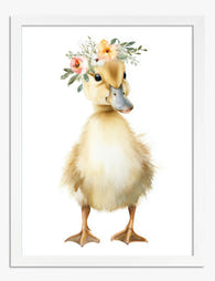 Duckling with Floral Crown Art Print - White
