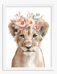 Lion Cub with Floral Crown Art Print - White