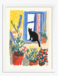 Cat in the Sunlit Window Art Print - White