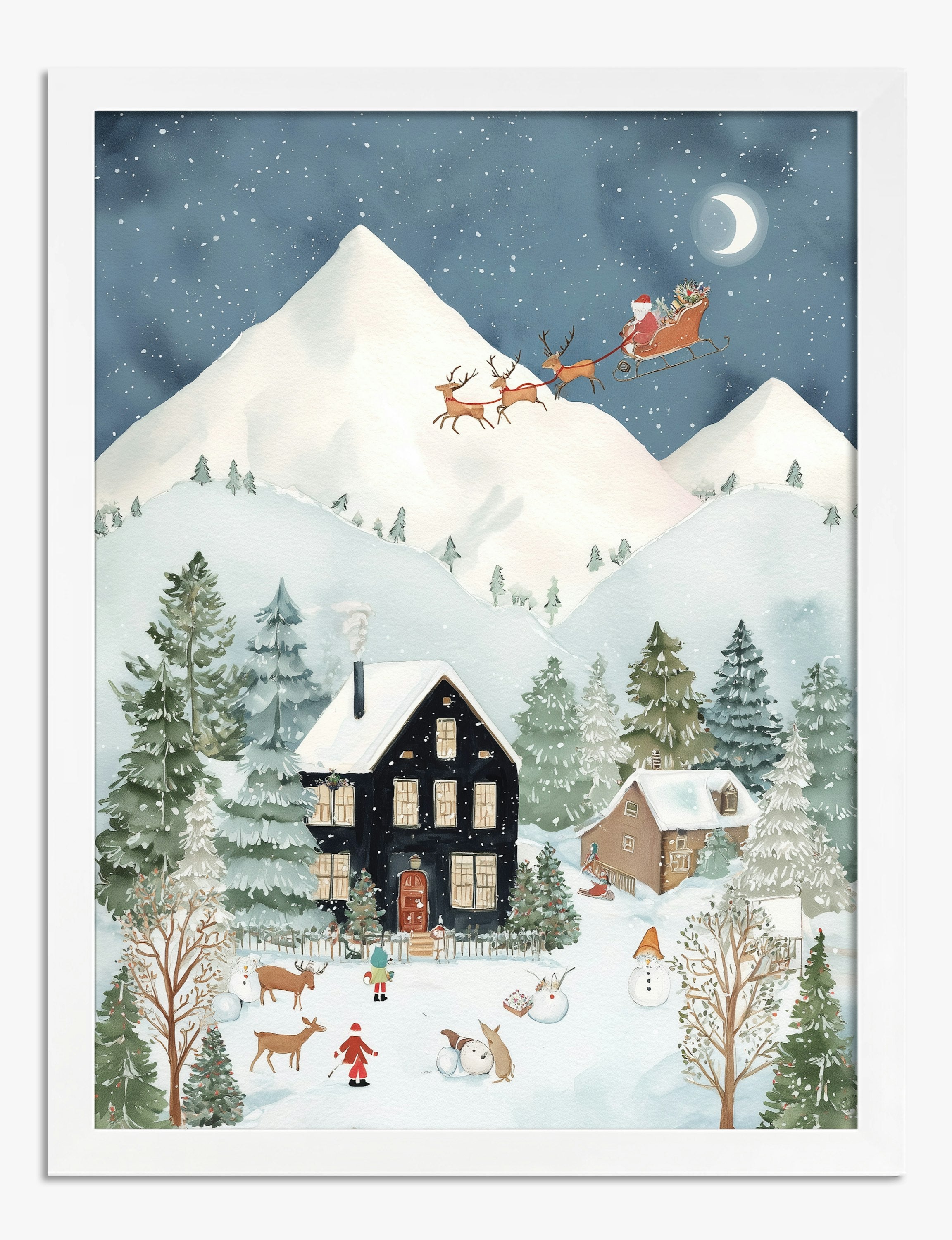 Affiche village de Noël enneigé, ambiance chaleureuse – Fab, image size:2304x3000