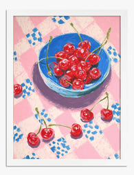 Cherries on Gingham Art Print - White