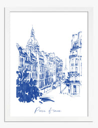 Blue Parisian Streetscape Art Print - White