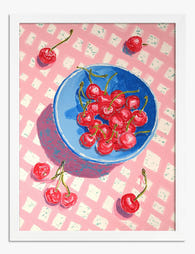 Cherries on Pink Picnic Art Print - White