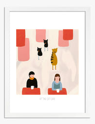 Cozy Cat Café Gathering Art Print - White