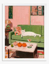 Cozy Cat & Citrus Living Art Print - White