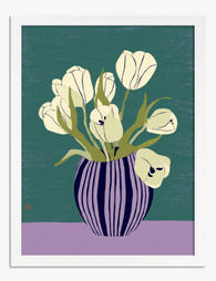Soft Tulips in Striped Vase Art Print - White
