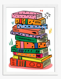 Colorful Book Stack Art Print White